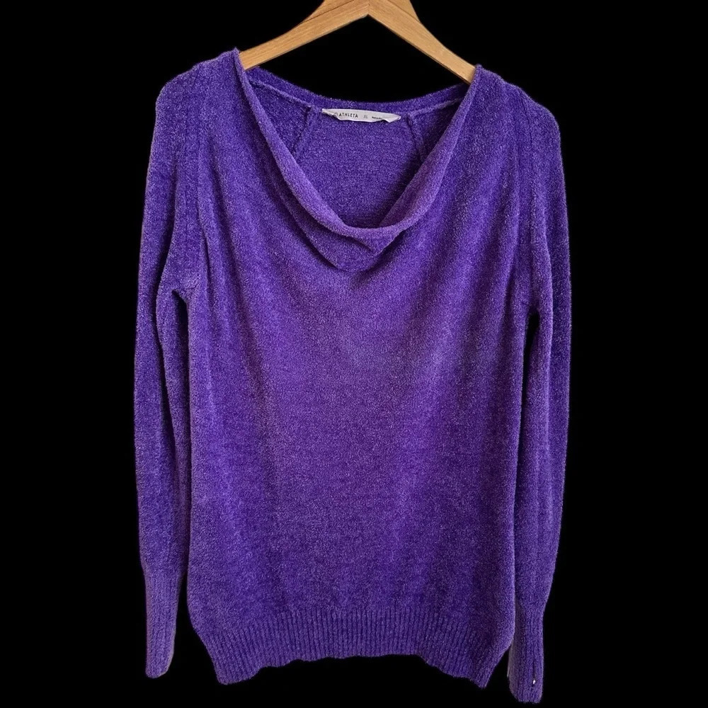Flawed Athleta size XL Purple Cowlneck Cocoon Sweater Thumbholes Fuzzy Warm